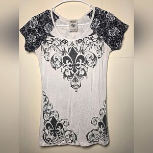Vintage Y2K Women's Vocal Embellished Fleur De Lis Floral Shirt, Size Large